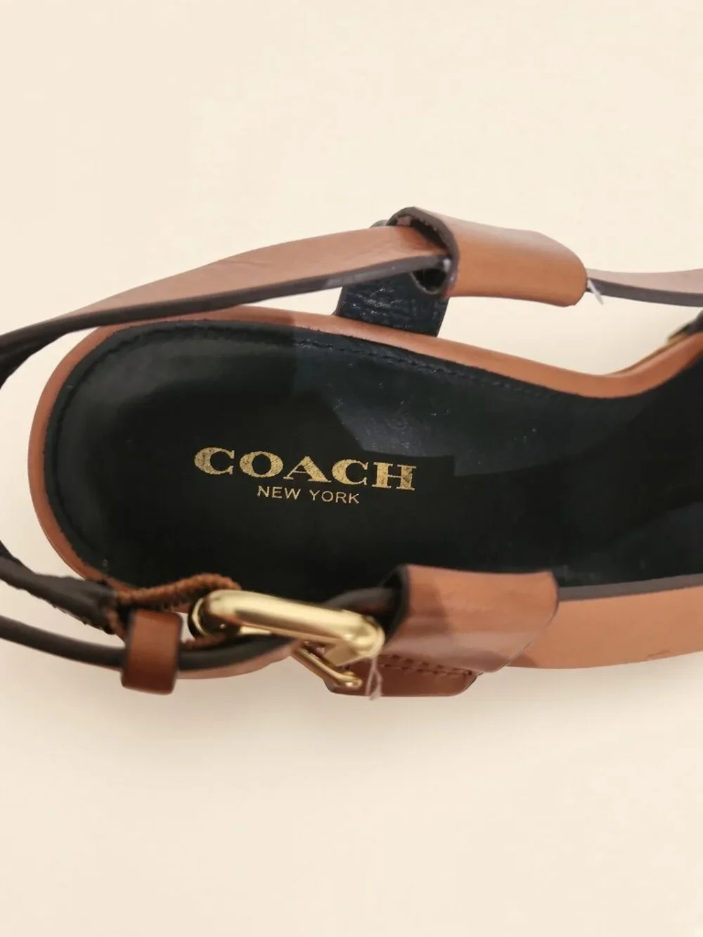 Coach Adessa Cognac Leather Wood Platform Sandals Size 8 Gold Studs